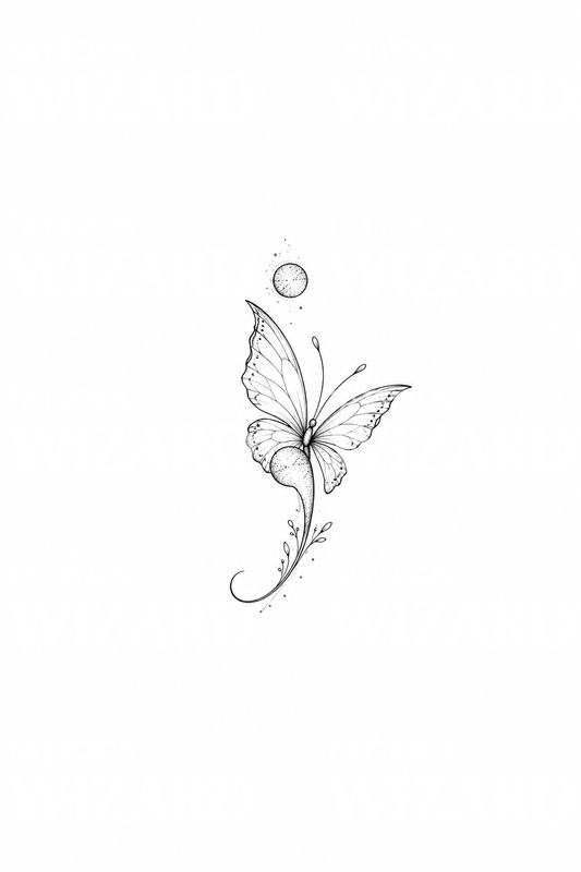 Ideia de tatuagem fine line de borboleta com ponto e vírgula