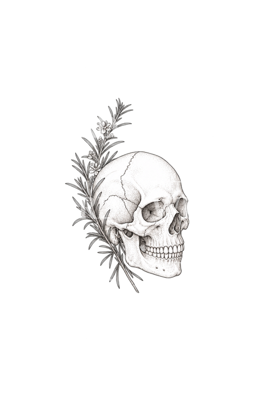 Fine line-tattoo-idee met schedel en rozemarijn