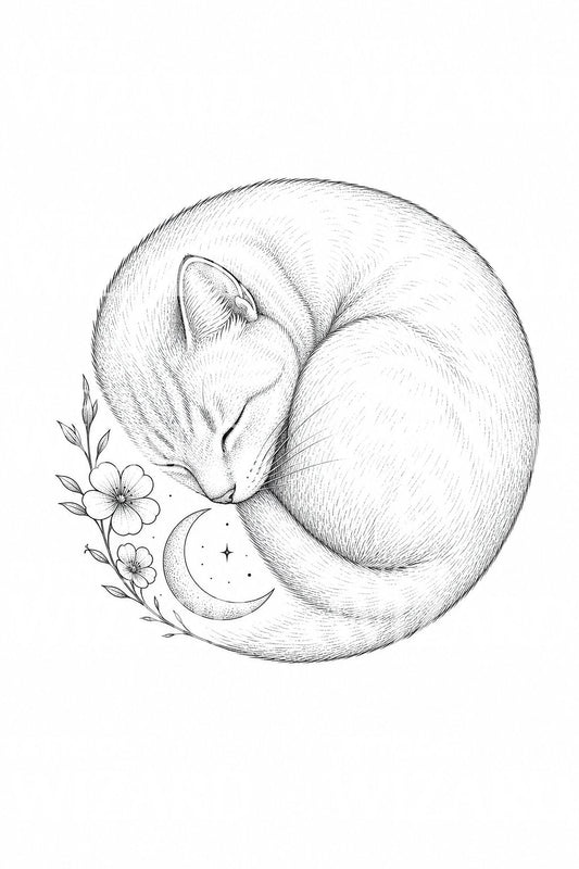 Diseño de tatuaje fine line de gato dormido