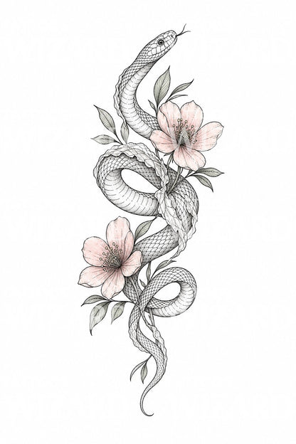 Fine Line Snake and Flowers Tattoo Design