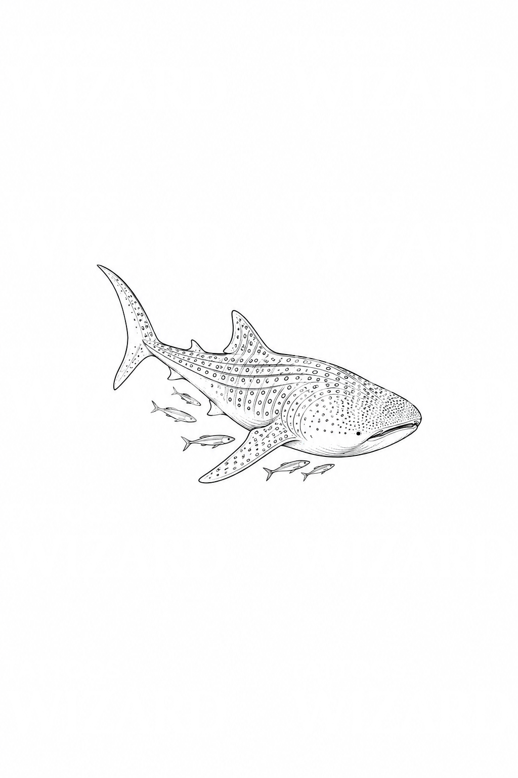 Idea de tatuaje de tiburón ballena con peces en línea fina
