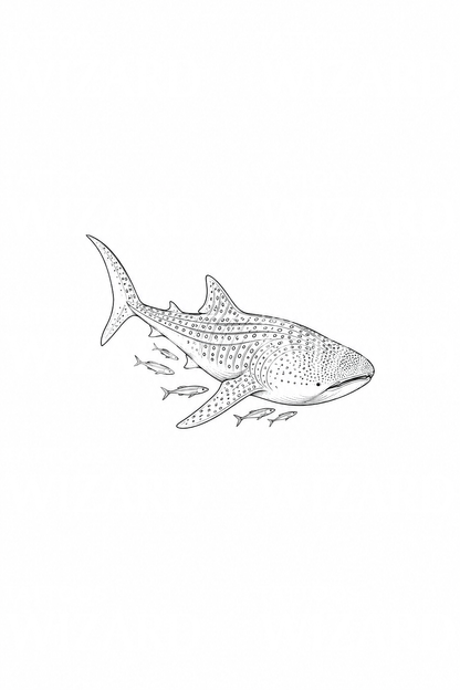 Idea de tatuaje de tiburón ballena con peces en línea fina