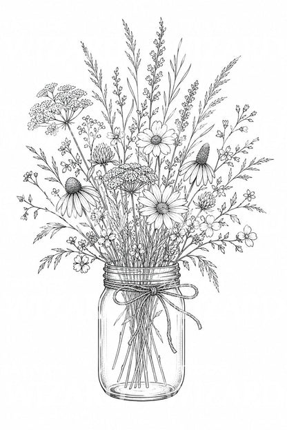Fine Line Wildflower Jar Tattoo Design