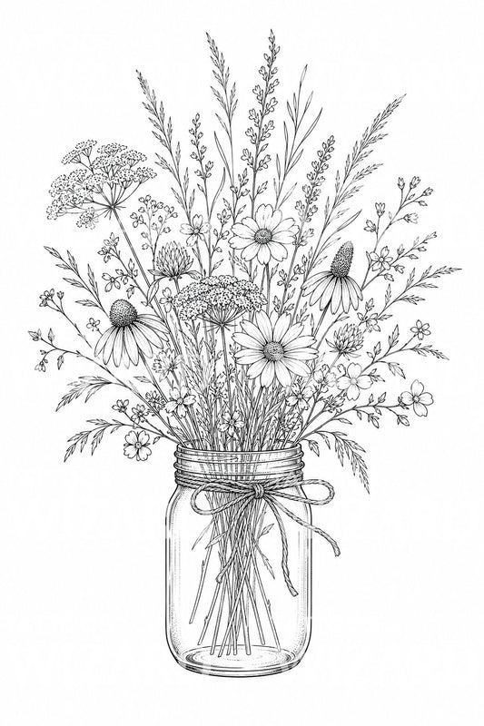 Fine Line Wildflower Jar Tattoo Design
