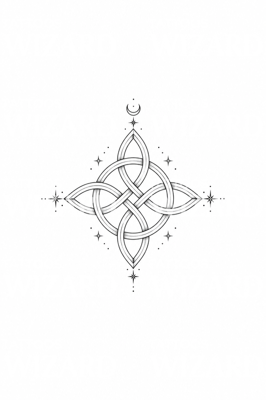 Nodo delle streghe fine line con cerchio e stelle, tatuaggio