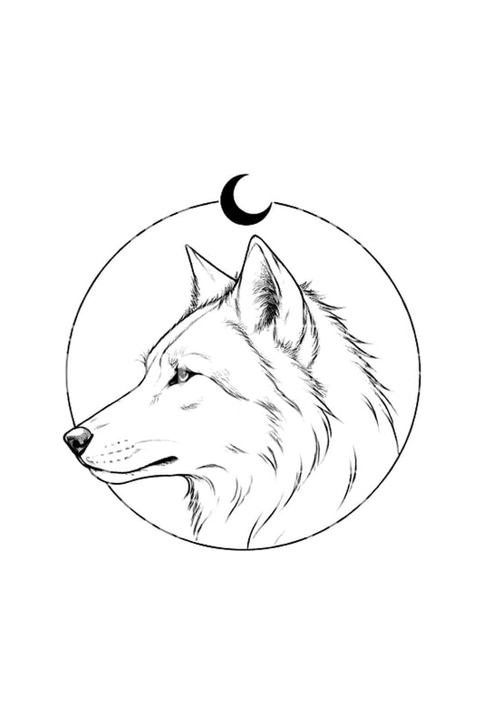Desain Tato Serigala Garis Halus dalam Lingkaran Bulan