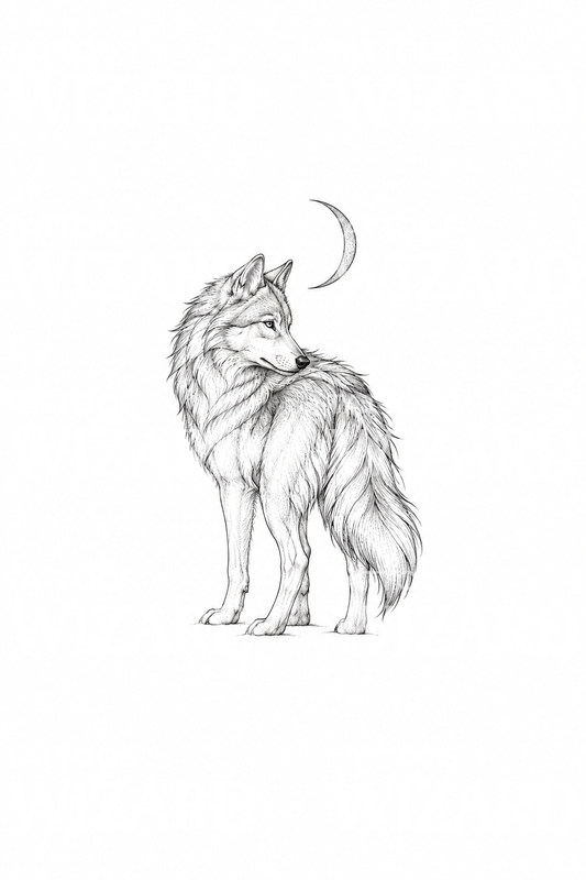 Fine line-tattoo van een wolf die naar de maan kijkt