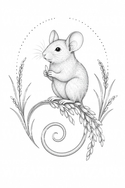 Ilustración de tatuaje de línea fina de la Rata del Zodiaco