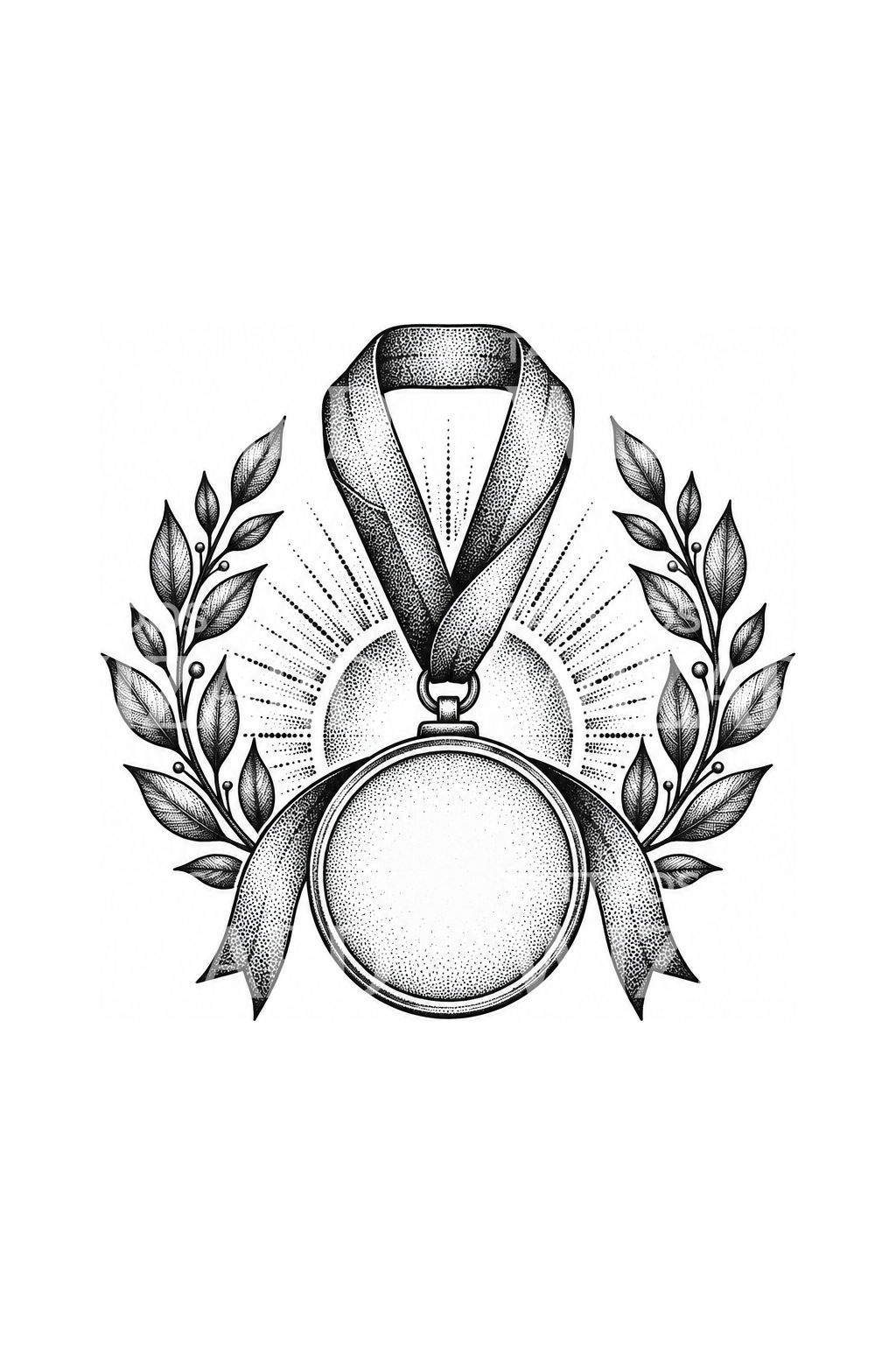 Medalha de finisher com louro e nascer do sol em dotwork
