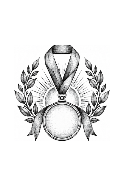 Medalha de finisher com louro e nascer do sol em dotwork