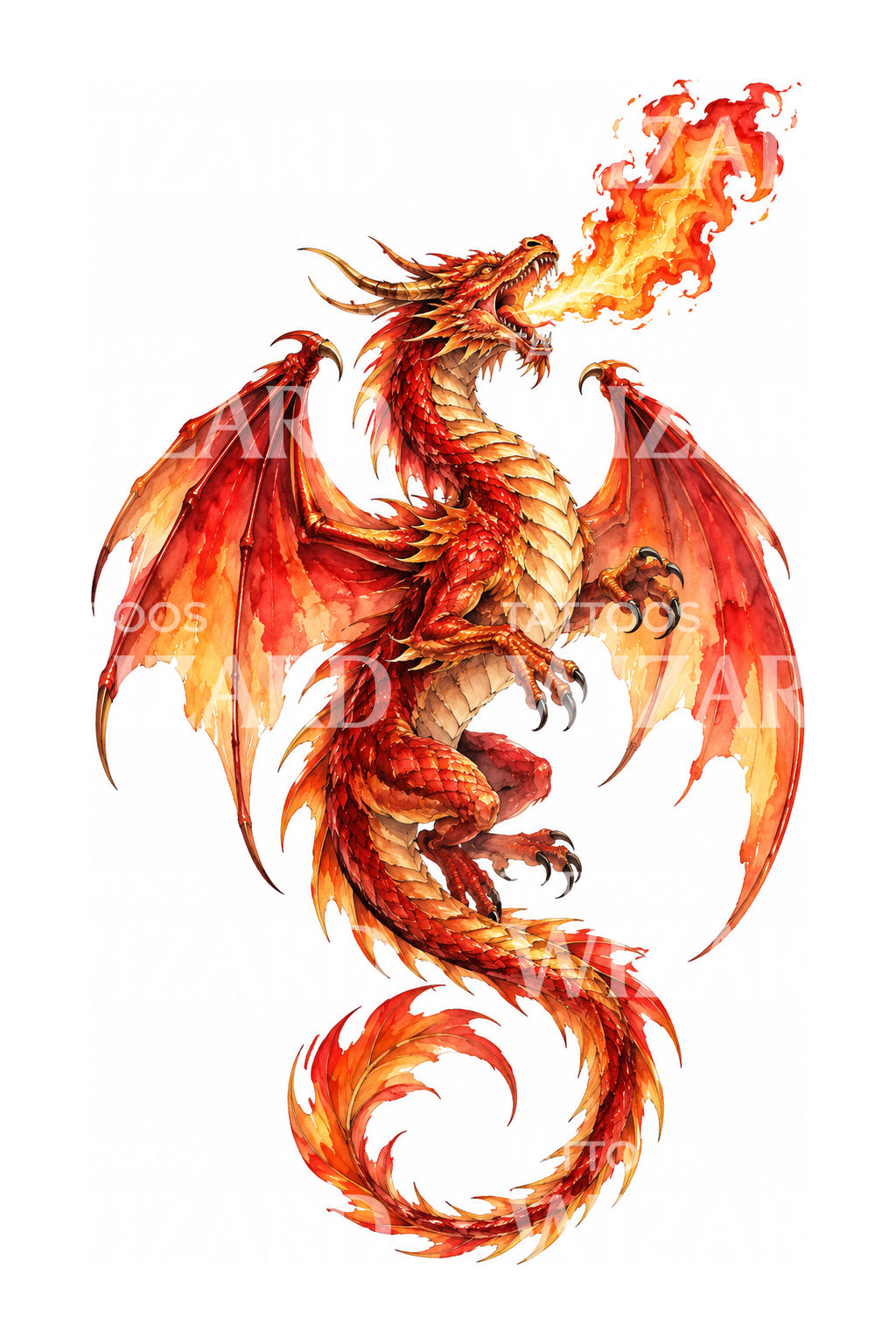 Ilustración de tatuaje de dragón que escupe fuego en acuarela