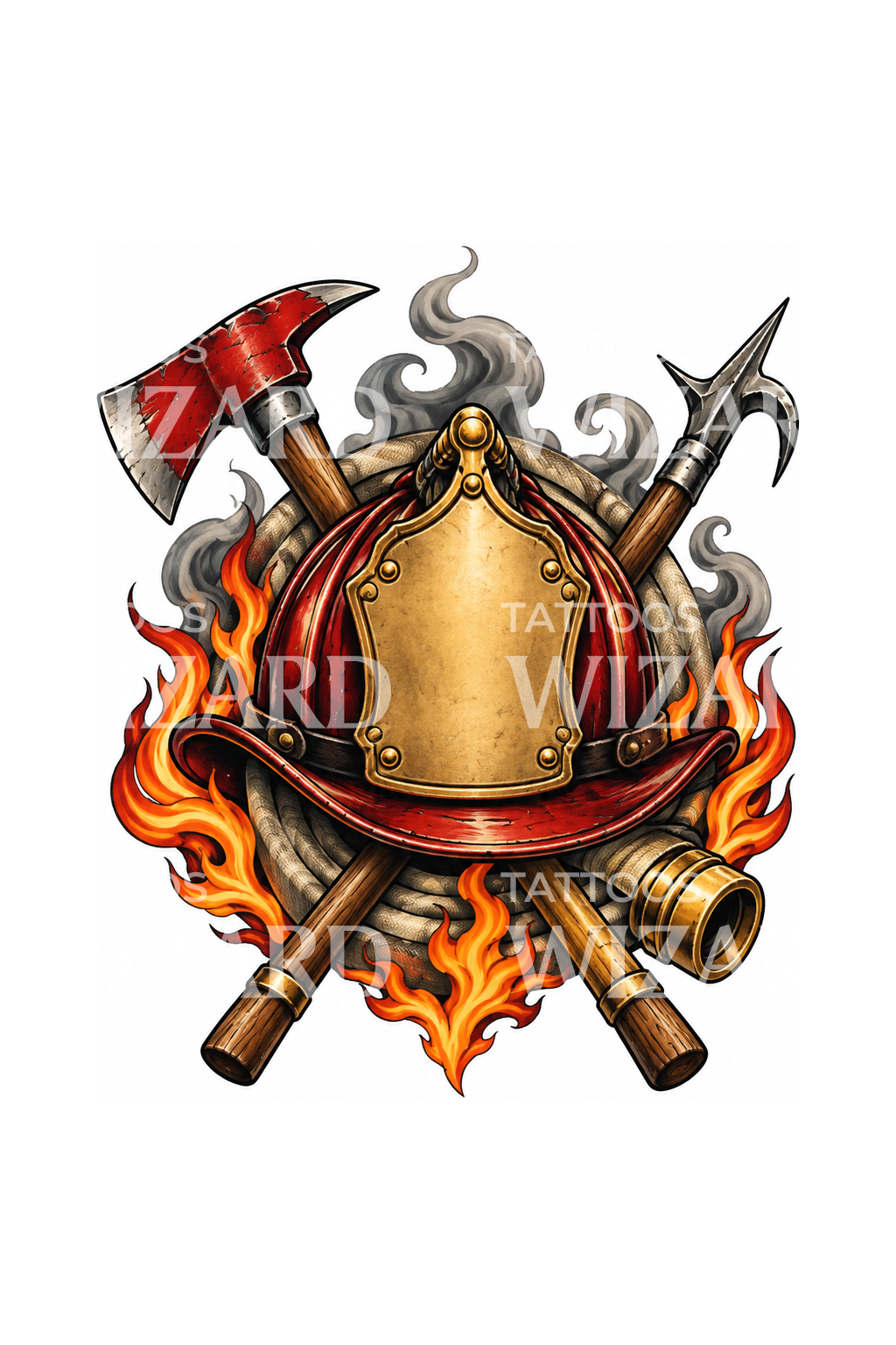 Firefighter Helmet Axe and Flames Tattoo Design