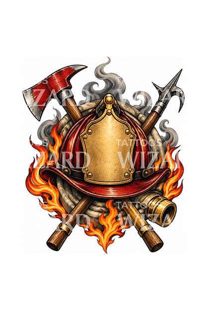 Firefighter Helmet Axe and Flames Tattoo Design