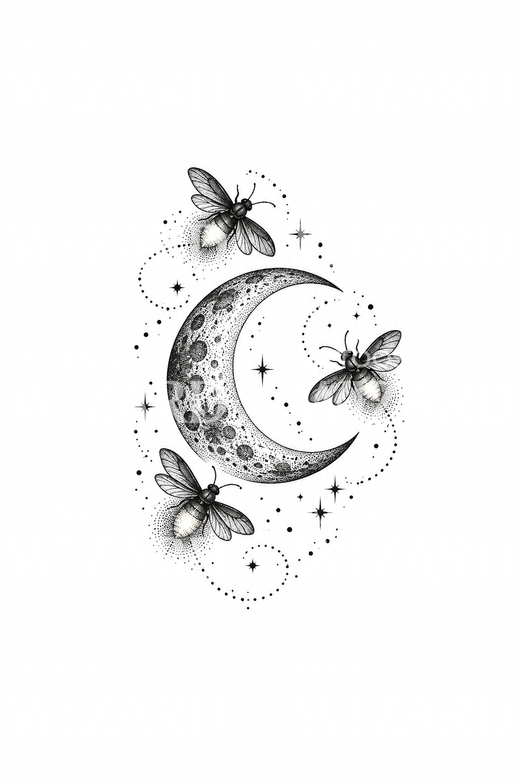 Tatuaż dotwork ze świetlikami wokół półksiężyca