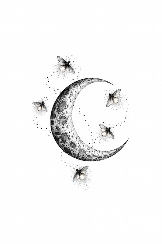 Fireflies around Crescent Moon Dotwork Tattoo Idea