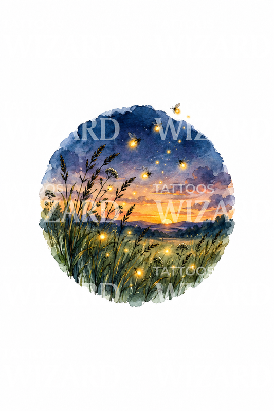 Aquareltattoo van vuurvliegjes boven een schemerweide