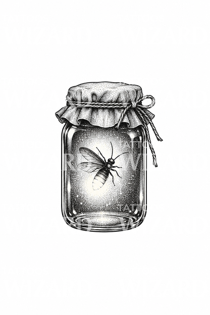 Firefly Glowing in Glass Jar Dotwork Tattoo Idea
