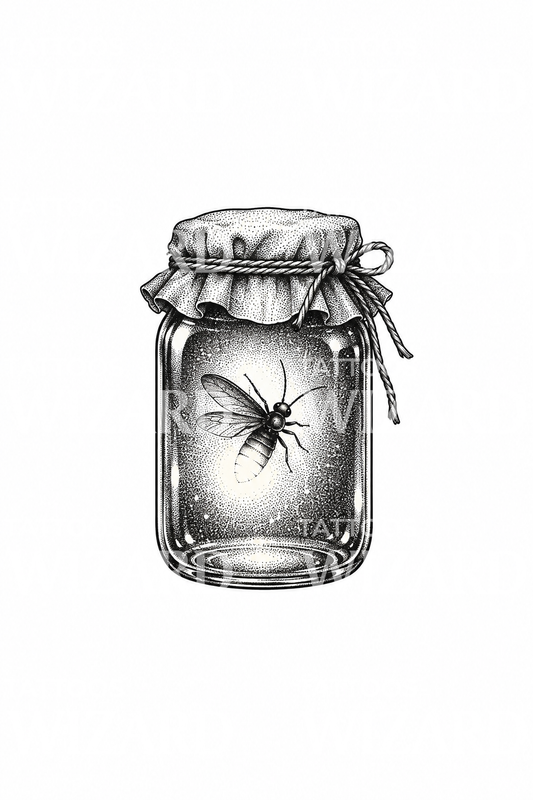 Firefly Glowing in Glass Jar Dotwork Tattoo Idea