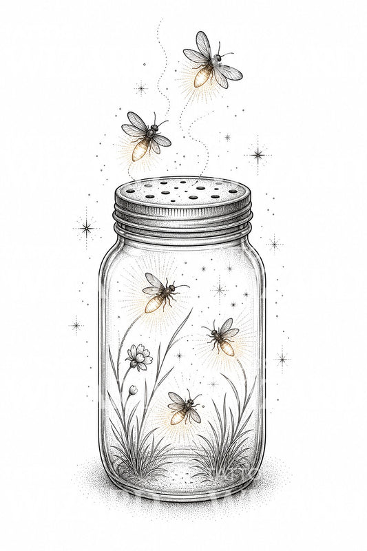 Design de tatuagem fine line de pirilampo em frasco Mason