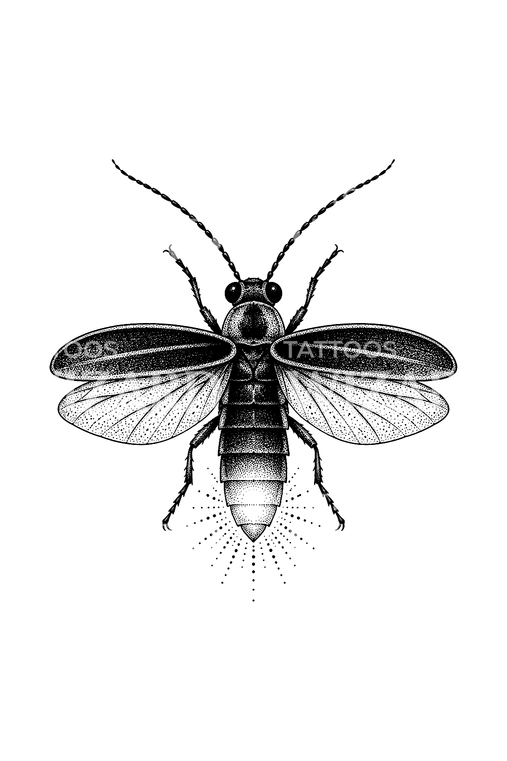 Tulikärpänen pisteytetyllä hehkukehällä, dotwork-tatuointi