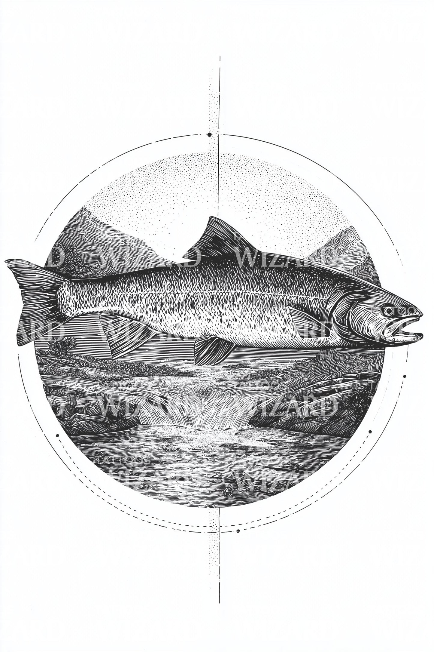 Fish Landscape Medallion Tattoo Design