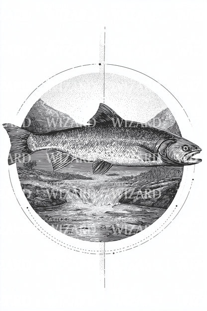 Fish Landscape Medallion Tattoo Design