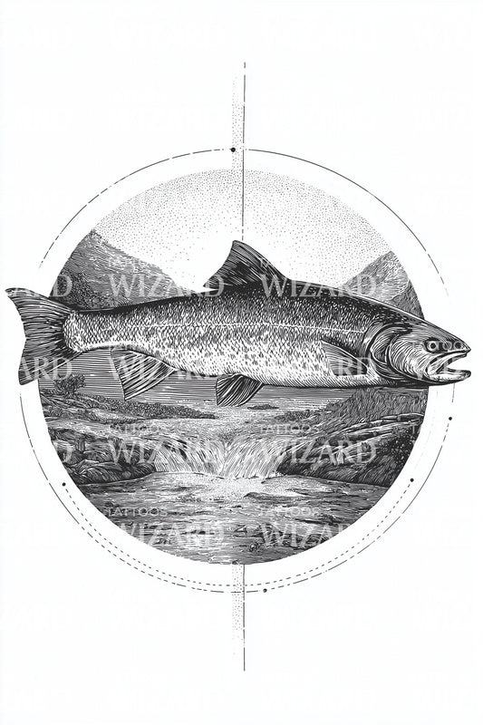 Fish Landscape Medallion Tattoo Design