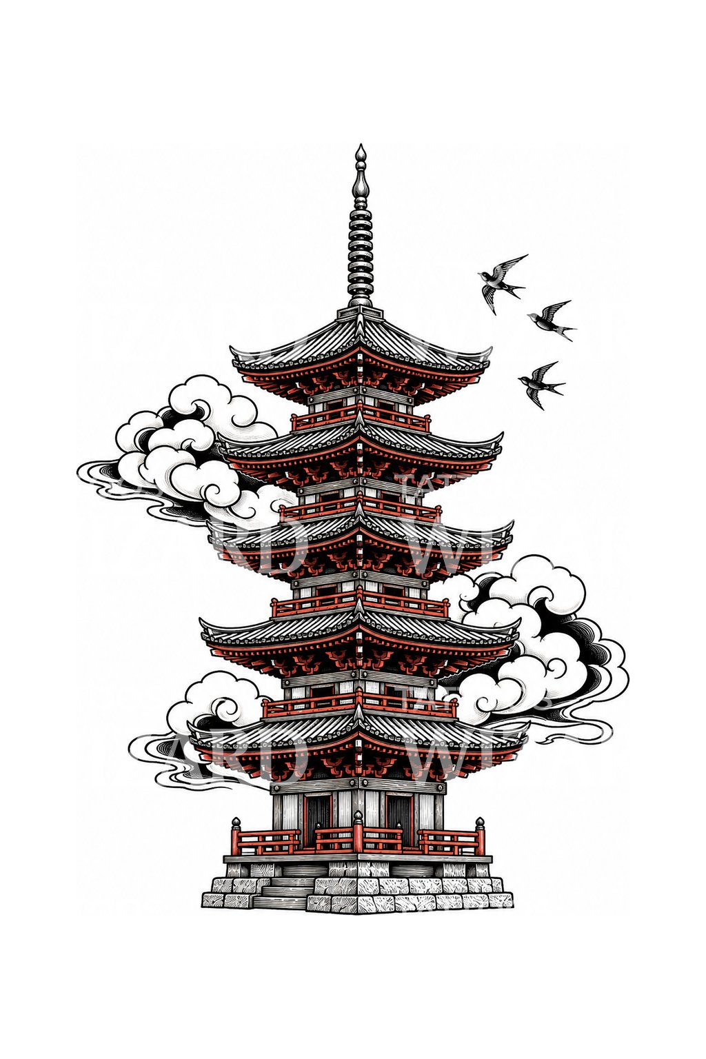Pětipatrová pagoda v oblacích, návrh tetování