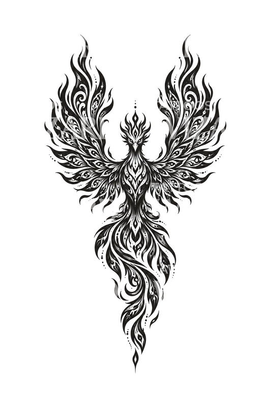 Flame Feather Phoenix Blackwork Tattoo Design