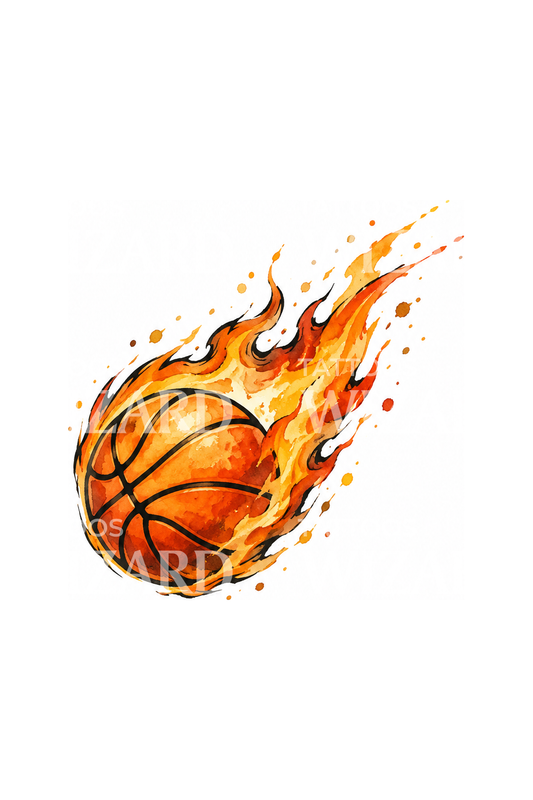 Akvarelltatovering av en flammende basketballkomeet
