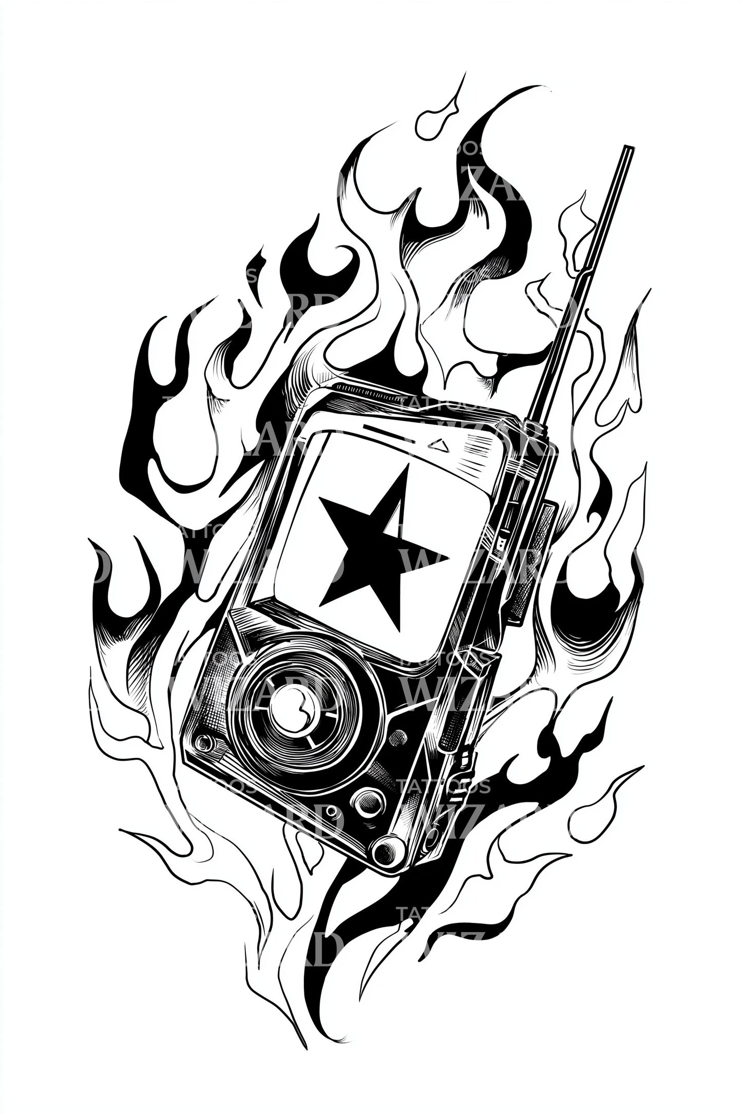 Flaming Cassette Retro Tattoo Design