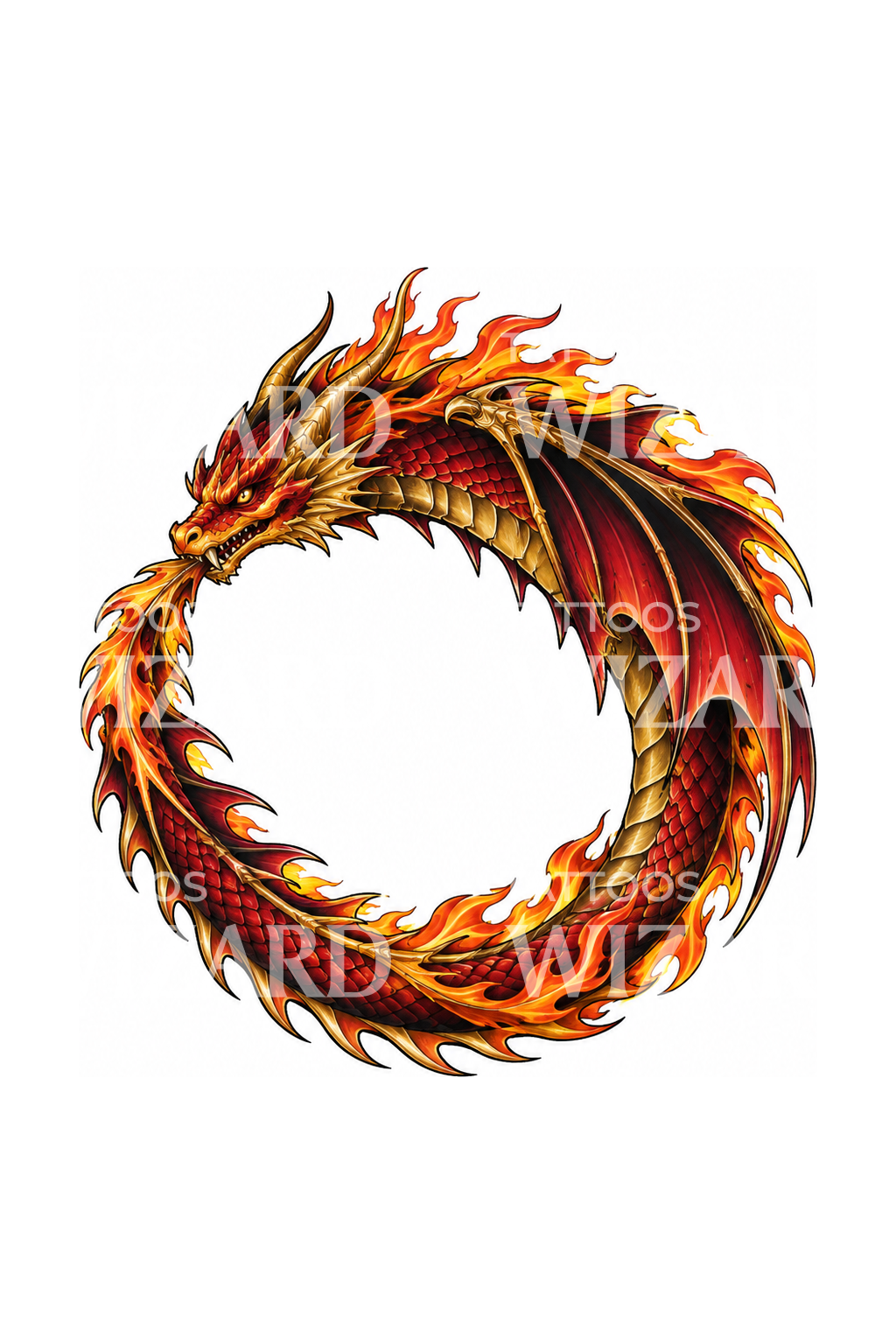 Tatuagem neo-tradicional de círculo ouroboros com dragão flamejante