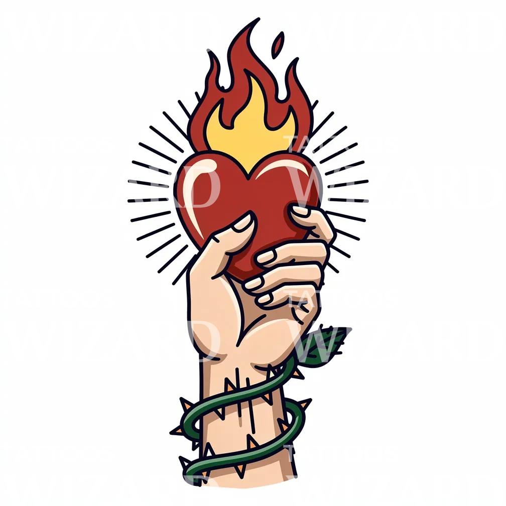 Flaming Heart Hand Tattoo Design