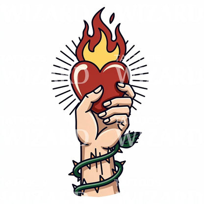 Flaming Heart Hand Tattoo Design