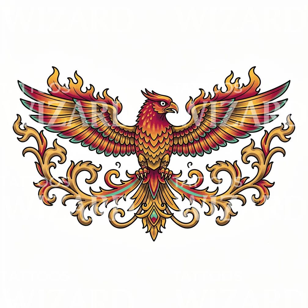Design de tatouage phénix en flammes en emblème
