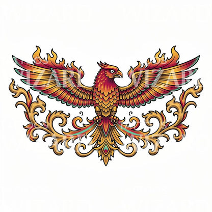 Design de tatouage phénix en flammes en emblème