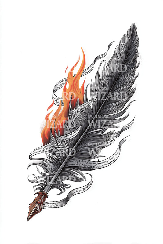 Flaming Quill Feather Tattoo Idea