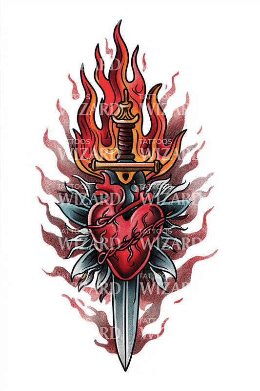 Flaming Sacred Heart Tattoo Design
