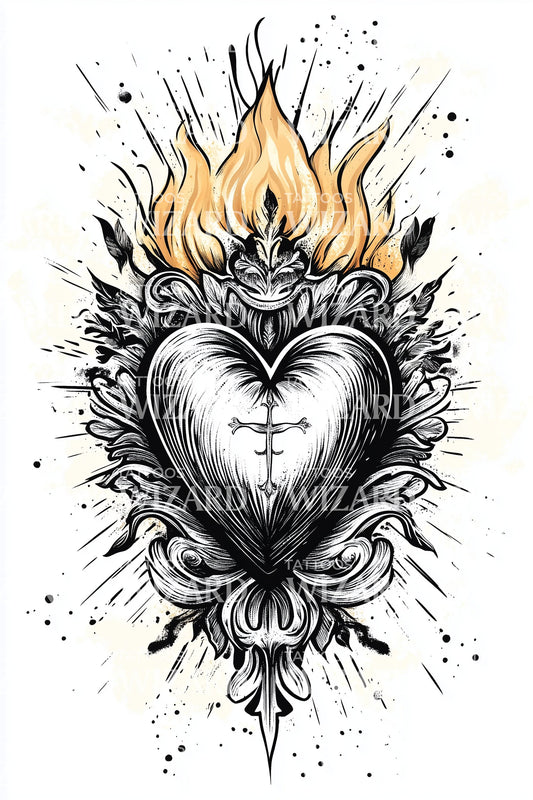 Flaming Sacred Heart Tattoo Design
