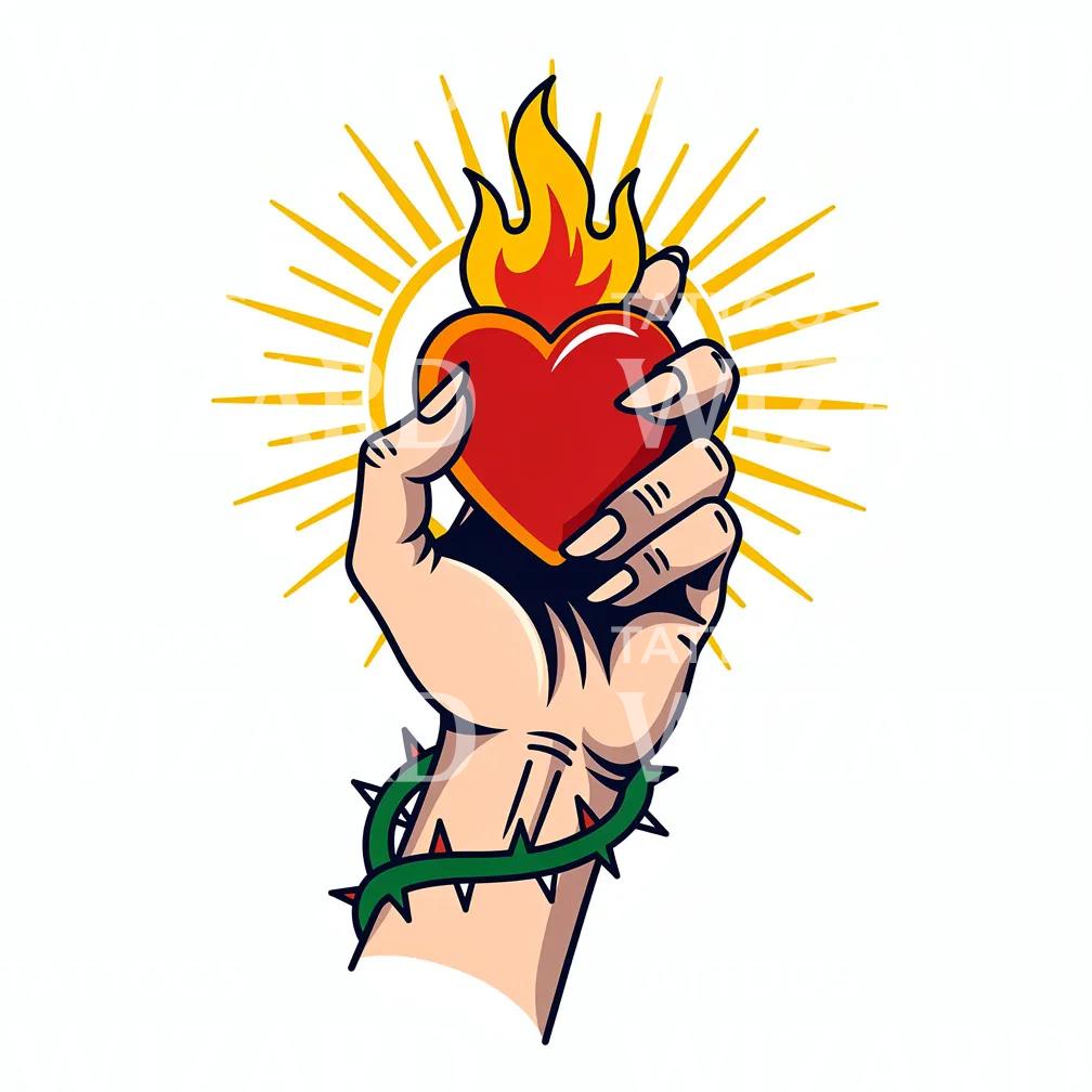 Flaming Sacred Heart Tattoo Design