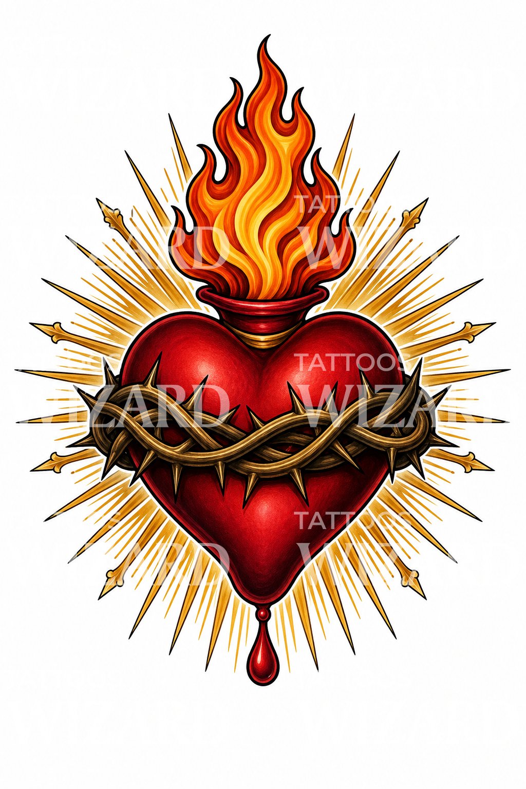 Diseño de tatuaje de Sagrado Corazón en llamas