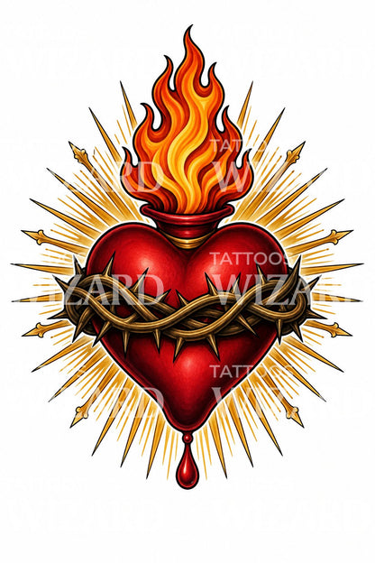 Diseño de tatuaje de Sagrado Corazón en llamas