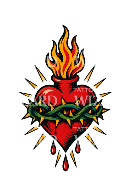 Design tradicional de tatuagem de Sagrado Coração em chamas com coroa de espinhos