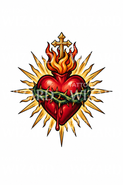 Tattoo-design af det flammende hellige hjerte med stråler