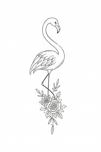 Flamingo with Roses Tattoo Design