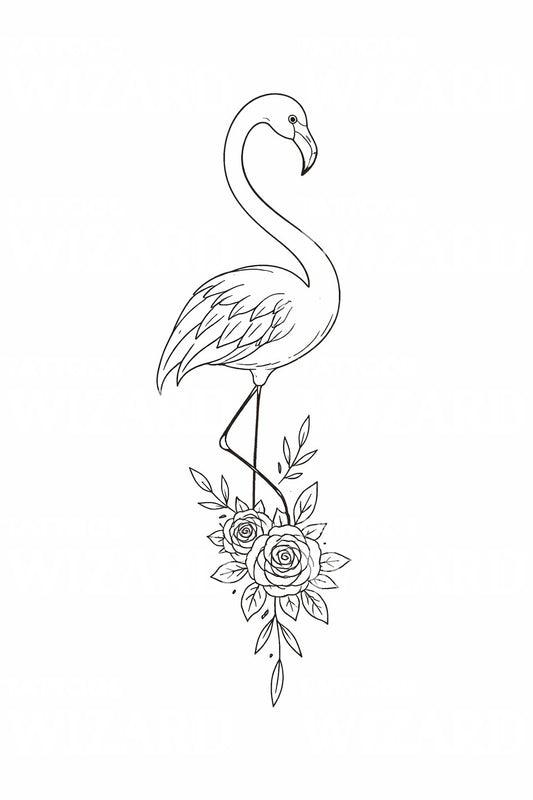 Flamingo with Roses Tattoo Design