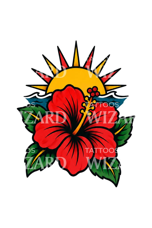 Flash Hibiscus with Setting Sun Tattoo Idea