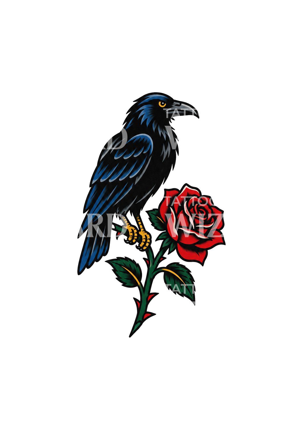 Flash-tatovering med ravn på rød rose