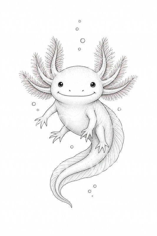 Design de tatuagem fine line de axolote flutuante