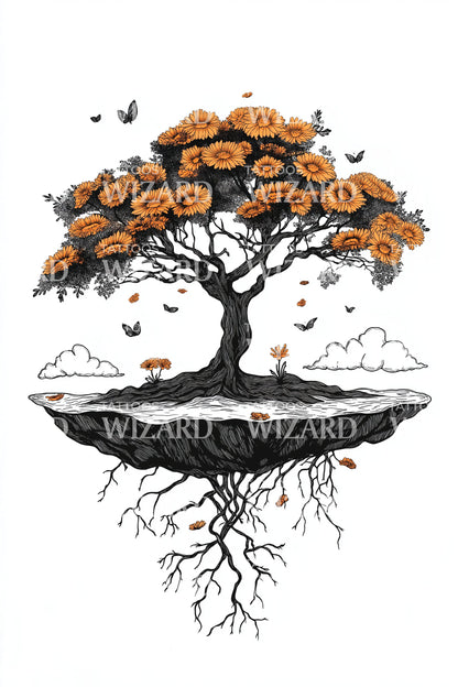 Design Tatuaggio Fioritura Bonsai Fluttuante